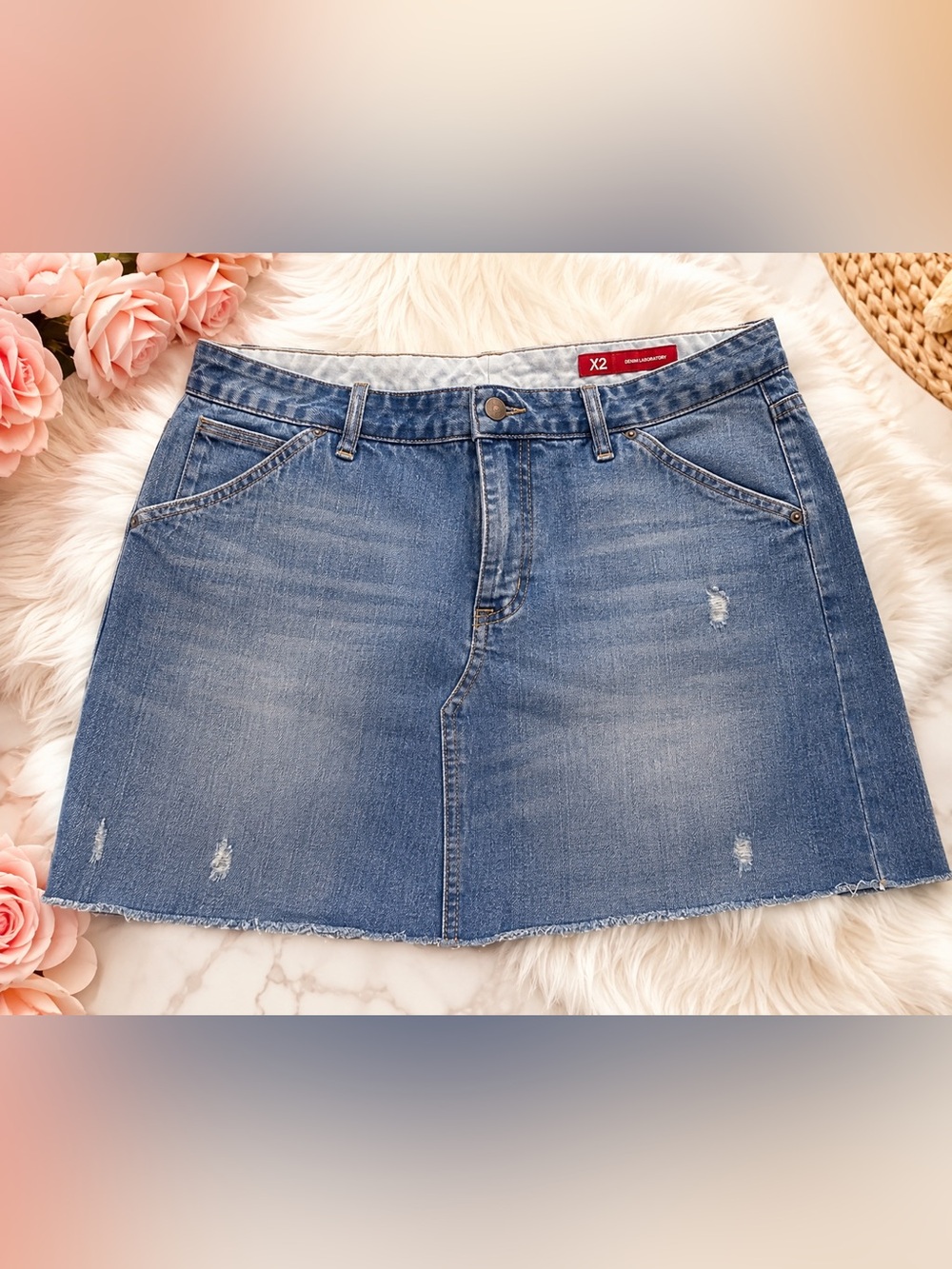 X2 Denim Laboratory Distressed Denim Mini Skirt